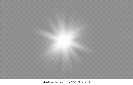 Efeitos de luz. Efeitos de luz transparente branca isolada, brilho, explosão, brilho, poeira, linha, erupção solar, faísca e estrelas, luz de spot, rotação de curva. Luz solar, efeito especial abstrato.