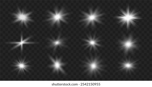 Light effects. Isolated white transparent light effects, glare, explosion, sparkle, dust, line, solar flare, spark and stars, spotlight, curve rotation. Sunlight, abstract special effect.
