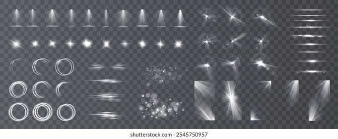 Efeitos de luz. Efeitos de luz transparente branca isolada, brilho, explosão, brilho, poeira, linha, erupção solar, faísca e estrelas, luz de spot, rotação de curva. Luz solar, efeito especial abstrato