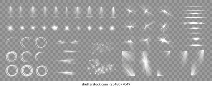 Efeitos de luz. Efeitos de luz transparente branca isolada, brilho, explosão, brilho, poeira, linha, erupção solar, faísca e estrelas, luz de spot, rotação de curva. Luz solar, efeito especial abstrato