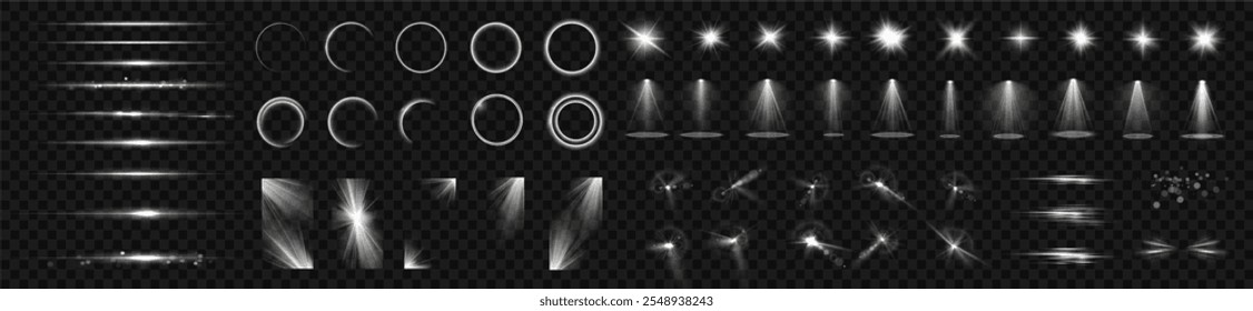 Efeitos de luz. Efeitos de luz transparente branca isolada, brilho, explosão, brilho, poeira, linha, erupção solar, faísca e estrelas, luz de spot, rotação de curva. Luz solar, efeito especial abstrato