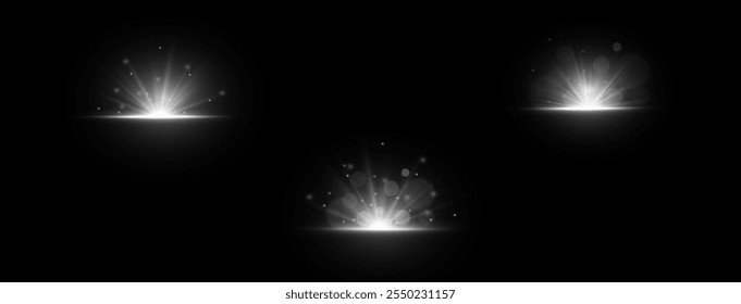 Efeitos de luz. Efeitos de luz transparente branca isolada, brilho, explosão, brilho, poeira, linha, erupção solar, faísca e estrelas, luz de spot, rotação de curva. Luz solar, efeito especial abstrato	