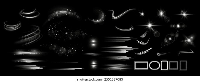 Light effects. Isolated white transparent light effects, glare, explosion, sparkle, dust, line, solar flare, spark and stars, spotlight, curve rotation. Sunlight, abstract special effect