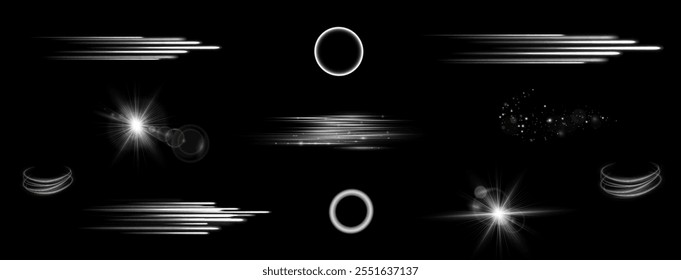 Light effects. Isolated white transparent light effects, glare, explosion, sparkle, dust, line, solar flare, spark and stars, spotlight, curve rotation. Sunlight, abstract special effect	