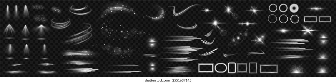 Light effects. Isolated white transparent light effects, glare, explosion, sparkle, dust, line, solar flare, spark and stars, spotlight, curve rotation. Sunlight, abstract special effect	
