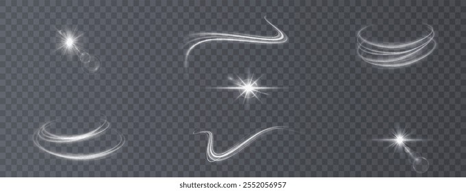 Efeitos de luz. Efeitos de luz transparente branca isolada, brilho, explosão, brilho, poeira, linha, erupção solar, faísca e estrelas, luz de spot, rotação de curva. Luz solar, efeito especial abstrato	