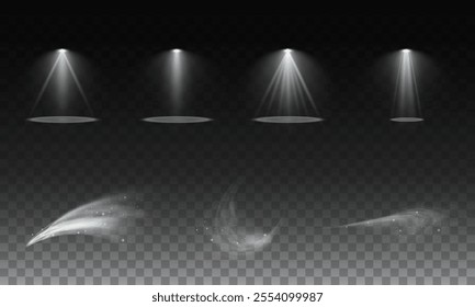 Light effects. Isolated white transparent light effects, glare, explosion, sparkle, dust, line, solar flare, spark and stars, spotlight, curve rotation. Sunlight, abstract special effect.	
