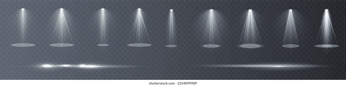 Light effects. Isolated white transparent light effects, glare, explosion, sparkle, dust, line, solar flare, spark and stars, spotlight, curve rotation. Sunlight, abstract special effect.	
