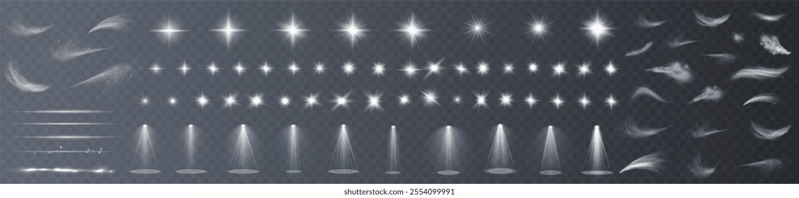 Light effects. Isolated white transparent light effects, glare, explosion, sparkle, dust, line, solar flare, spark and stars, spotlight, curve rotation. Sunlight, abstract special effect.	
