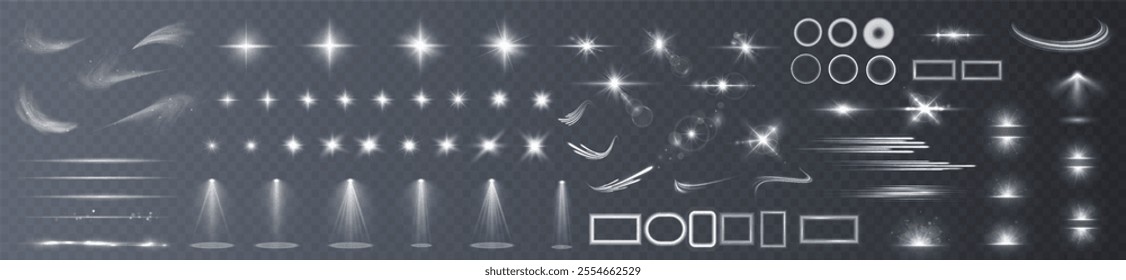 Light effects. Isolated white transparent light effects, glare, explosion, sparkle, dust, line, solar flare, spark and stars, spotlight, curve rotation. Sunlight, abstract special effect.	
