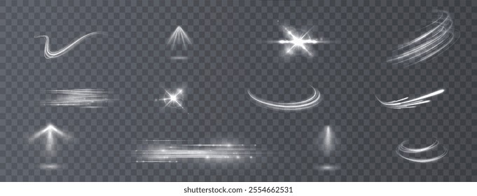 Light effects. Isolated white transparent light effects, glare, explosion, sparkle, dust, line, solar flare, spark and stars, spotlight, curve rotation. Sunlight, abstract special effect	