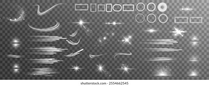 Light effects. Isolated white transparent light effects, glare, explosion, sparkle, dust, line, solar flare, spark and stars, spotlight, curve rotation. Sunlight, abstract special effect.	
