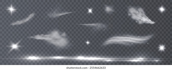 Light effects. Isolated white transparent light effects, glare, explosion, sparkle, dust, line, solar flare, spark and stars, spotlight, curve rotation. Sunlight, abstract special effect.	
