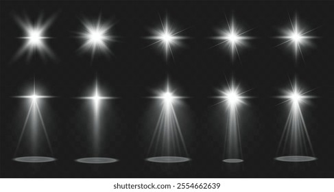 Light effects. Isolated white transparent light effects, glare, explosion, sparkle, dust, line, solar flare, spark and stars, spotlight, curve rotation. Sunlight, abstract special effect.	
