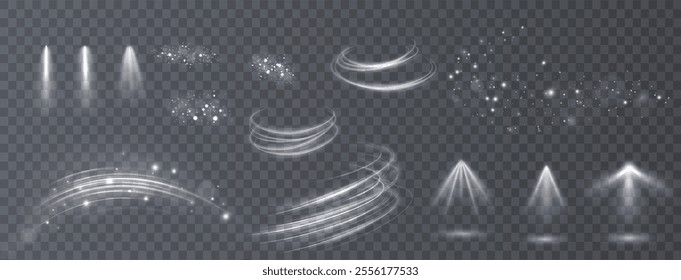 Light effects. Isolated white transparent light effects, glare, explosion, sparkle, dust, line, solar flare, spark and stars, spotlight, curve rotation. Sunlight, abstract special effect.	
