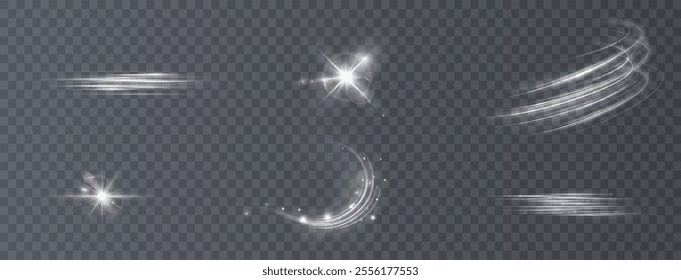 Light effects. Isolated white transparent light effects, glare, explosion, sparkle, dust, line, solar flare, spark and stars, spotlight, curve rotation. Sunlight, abstract special effect	