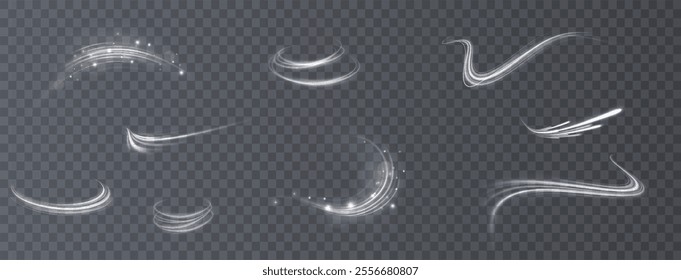 Light effects. Isolated white transparent light effects, glare, explosion, sparkle, dust, line, solar flare, spark and stars, spotlight, curve rotation. Sunlight, abstract special effect	