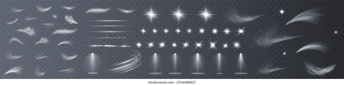 Light effects. Isolated white transparent light effects, glare, explosion, sparkle, dust, line, solar flare, spark and stars, spotlight, curve rotation. Sunlight, abstract special effect.	
