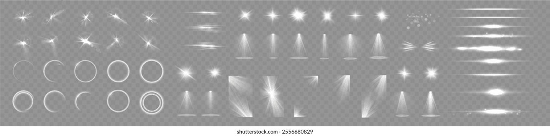 Light effects. Isolated white transparent light effects, glare, explosion, sparkle, dust, line, solar flare, spark and stars, spotlight, curve rotation. Sunlight, abstract special effect.	
