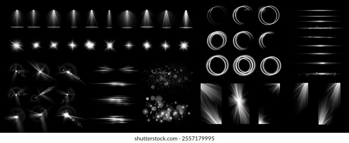 Light effects. Isolated white transparent light effects, glare, explosion, sparkle, dust, line, solar flare, spark and stars, spotlight, curve rotation. Sunlight, abstract special effect.	
