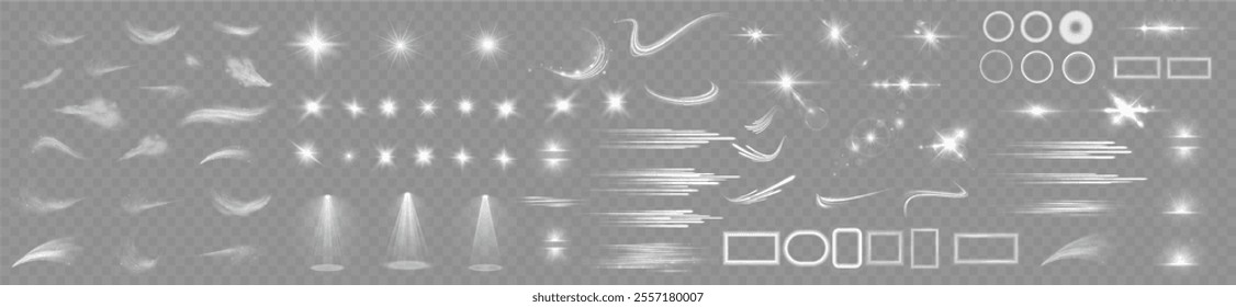 Light effects. Isolated white transparent light effects, glare, explosion, sparkle, dust, line, solar flare, spark and stars, spotlight, curve rotation. Sunlight, abstract special effect.	
