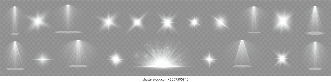 Light effects. Isolated white transparent light effects, glare, explosion, sparkle, dust, line, solar flare, spark and stars, spotlight, curve rotation. Sunlight, abstract special effect.	
