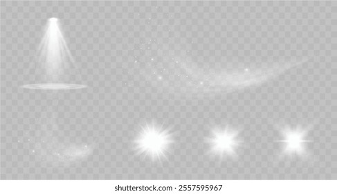 Light effects. Isolated white transparent light effects, glare, explosion, sparkle, dust, line, solar flare, spark and stars, spotlight, curve rotation. Sunlight, abstract special effect.	
