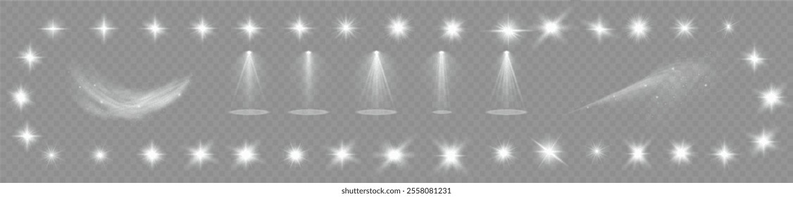 Light effects. Isolated white transparent light effects, glare, explosion, sparkle, dust, line, solar flare, spark and stars, spotlight, curve rotation. Sunlight, abstract special effect.	
