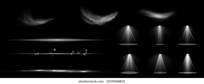 Light effects. Isolated white transparent light effects, glare, explosion, sparkle, dust, line, solar flare, spark and stars, spotlight, curve rotation. Sunlight, abstract special effect.	
