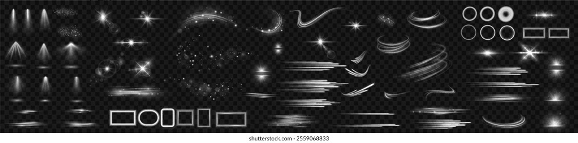 Light effects. Isolated white transparent light effects, glare, explosion, sparkle, dust, line, solar flare, spark and stars, spotlight, curve rotation. Sunlight, abstract special effect.	
