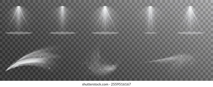 Light effects. Isolated white transparent light effects, glare, explosion, sparkle, dust, line, solar flare, spark and stars, spotlight, curve rotation. Sunlight, abstract special effect.	
