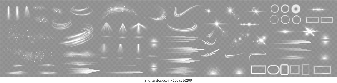 Light effects. Isolated white transparent light effects, glare, explosion, sparkle, dust, line, solar flare, spark and stars, spotlight, curve rotation. Sunlight, abstract special effect.	
