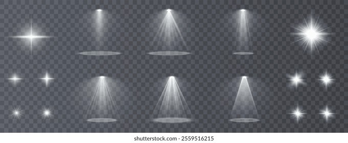 Light effects. Isolated white transparent light effects, glare, explosion, sparkle, dust, line, solar flare, spark and stars, spotlight, curve rotation. Sunlight, abstract special effect.	
