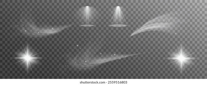 Light effects. Isolated white transparent light effects, glare, explosion, sparkle, dust, line, solar flare, spark and stars, spotlight, curve rotation. Sunlight, abstract special effect.	
