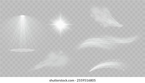 Light effects. Isolated white transparent light effects, glare, explosion, sparkle, dust, line, solar flare, spark and stars, spotlight, curve rotation. Sunlight, abstract special effect.	
