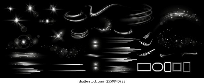 Light effects. Isolated white transparent light effects, glare, explosion, sparkle, dust, line, solar flare, spark and stars, spotlight, curve rotation. Sunlight, abstract special effect.	
