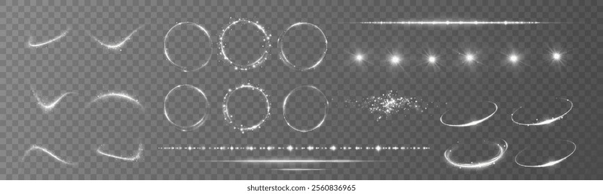 
Light effects. Isolated white transparent light effects, vortex, explosions, sparks, dust, lines, sun flares, stars, rings, frames, curve rotation. Sunlight, abstract special effect.