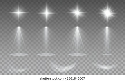 Light effects. Isolated white transparent light effects, glare, explosion, sparkle, dust, line, solar flare, spark and stars, spotlight, curve rotation. Sunlight, abstract special effect.	
