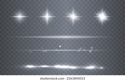 Light effects. Isolated white transparent light effects, glare, explosion, sparkle, dust, line, solar flare, spark and stars, spotlight, curve rotation. Sunlight, abstract special effect.	
