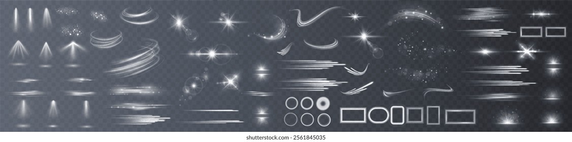 Light effects. Isolated white transparent light effects, glare, explosion, sparkle, dust, line, solar flare, spark and stars, spotlight, curve rotation. Sunlight, abstract special effect.	
