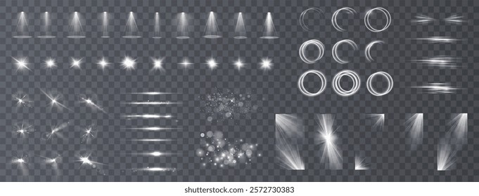 Light effects. Isolated white transparent light effects, glare, explosion, sparkle, dust, line, solar flare, spark and stars, spotlight, curve rotation. Sunlight, abstract special effect.