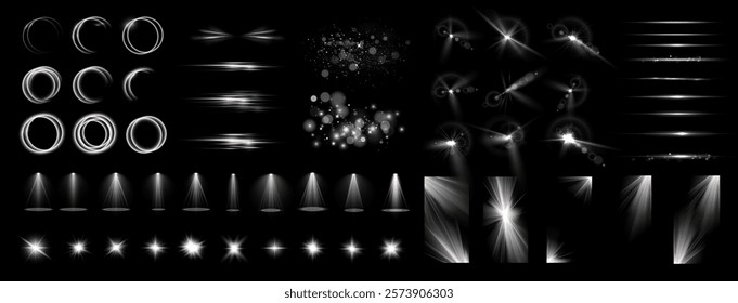 Light effects. Isolated white transparent light effects, glare, explosion, sparkle, dust, line, solar flare, spark and stars, spotlight, curve rotation. Sunlight, abstract special effect.