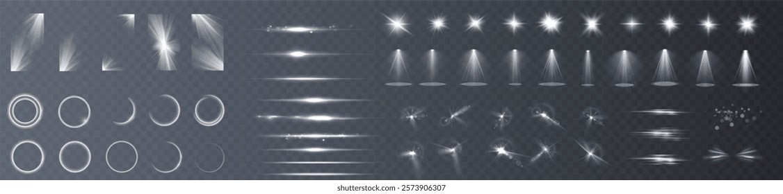 Light effects. Isolated white transparent light effects, glare, explosion, sparkle, dust, line, solar flare, spark and stars, spotlight, curve rotation. Sunlight, abstract special effect.