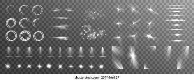 Light effects. Isolated white transparent light effects, glare, explosion, sparkle, dust, line, solar flare, spark and stars, spotlight, curve rotation. Sunlight, abstract special effect.