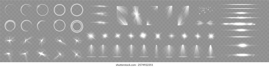 Light effects. Isolated white transparent light effects, glare, explosion, sparkle, dust, line, solar flare, spark and stars, spotlight, curve rotation. Sunlight, abstract special effect.