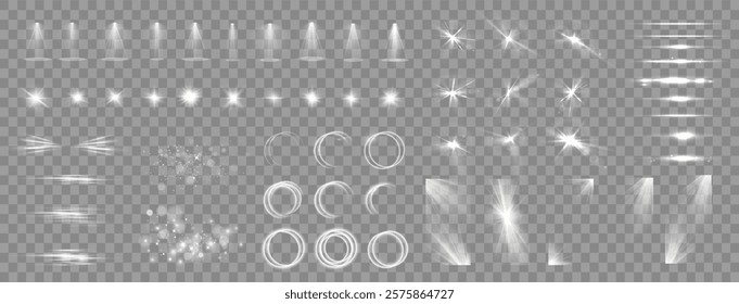 Light effects. Isolated white transparent light effects, glare, explosion, sparkle, dust, line, solar flare, spark and stars, spotlight, curve rotation. Sunlight, abstract special effect.