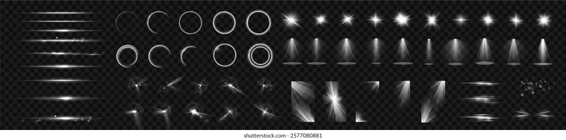 Light effects. Isolated white transparent light effects, glare, explosion, sparkle, dust, line, solar flare, spark and stars, spotlight, curve rotation. Sunlight, abstract special effect.