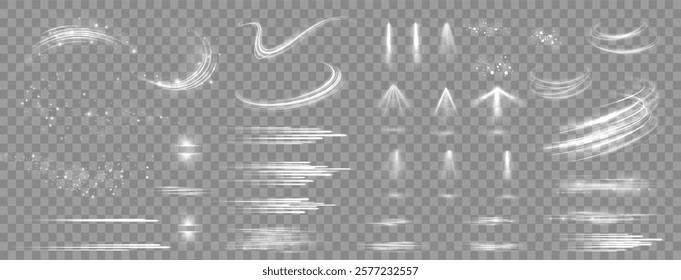 Light effects. Isolated white transparent light effects, glare, explosion, sparkle, dust, line, solar flare, spark and stars, spotlight, curve rotation. Sunlight, abstract special effect.	