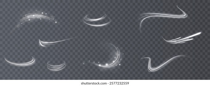 Light effects. Isolated white transparent light effects, glare, explosion, sparkle, dust, line, solar flare, spark and stars, spotlight, curve rotation. Sunlight, abstract special effect.	