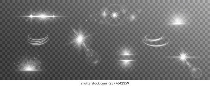 Light effects. Isolated white transparent light effects, glare, explosion, sparkle, dust, line, solar flare, spark and stars, spotlight, curve rotation. Sunlight, abstract special effect.	